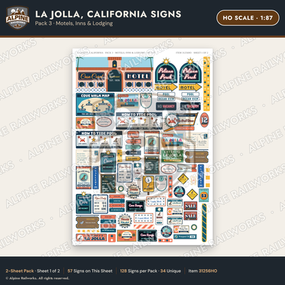 Alpine Railworks 31256HO HO Scale La Jolla CA Signs - Motels & Inns