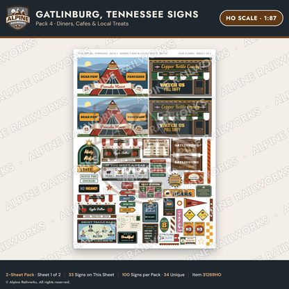 Alpine Railworks 31269HO HO Scale Gatlinburg TN Signs - Diners & Cafes