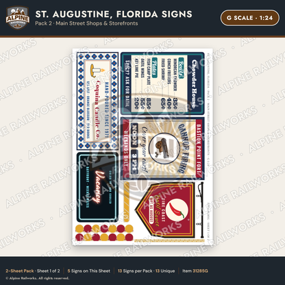 Alpine Railworks 31285G G Scale St. Augustine FL Signs - Shops