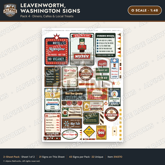 Alpine Railworks 31437O O Scale Leavenworth WA Signs - Diners & Cafes