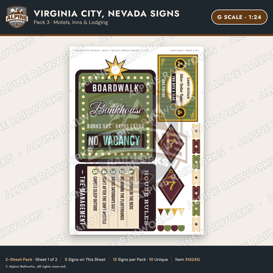 Alpine Railworks 31424G G Scale Virginia City NV Signs - Motels & Inns
