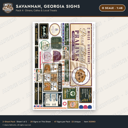 Alpine Railworks 31299O O Scale Savannah GA Signs - Diners & Cafes
