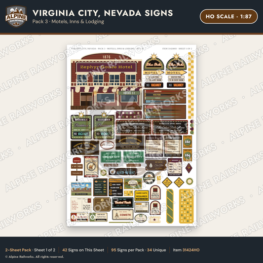 Alpine Railworks 31424HO HO Scale Virginia City NV Signs - Motels