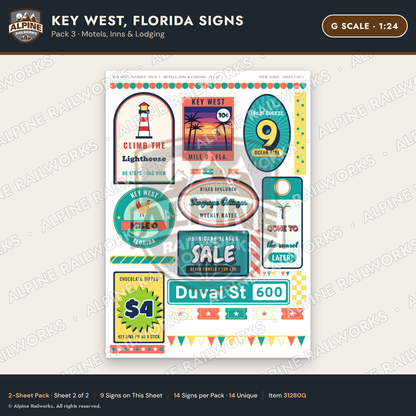 Alpine Railworks 31280G G Scale Key West FL Signs - Motels & Inns