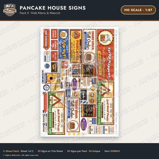Alpine Railworks 31198HO HO Scale Pancake House Signs - Kids Menu