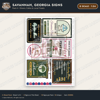 Alpine Railworks 31299G G Scale Savannah GA Signs - Diners & Cafes