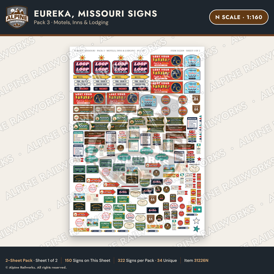 Alpine Railworks 31226N N Scale Eureka MO Signs - Motels & Inns