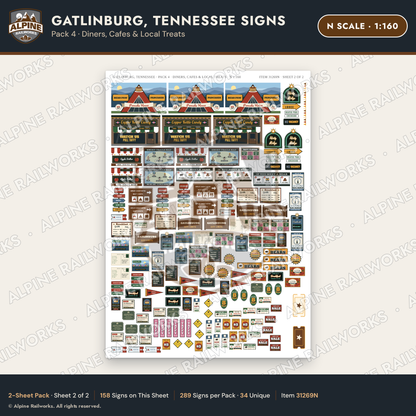 Alpine Railworks 31269N N Scale Gatlinburg TN Signs - Diners & Cafes