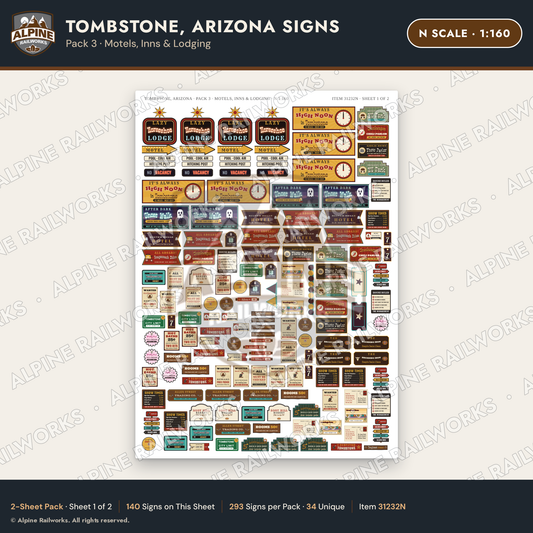 Alpine Railworks 31232N N Scale Tombstone AZ Signs - Motels & Inns