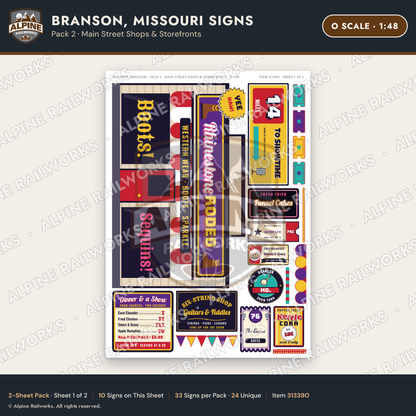 Alpine Railworks 31339O O Scale Branson MO Signs - Main Street Shops