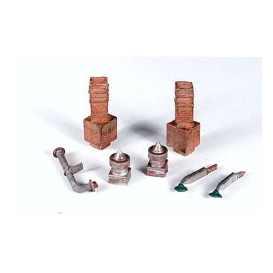Monroe Models 2304 HO Scale Mini-Tales(TM) Chimneys, Vents & Lights - Kit (Unpainted Metal Castings) -- Includes: 2 Each Chimneys, Roof Vents, Outdoor Overhead Lights & 1 Smoke Jack