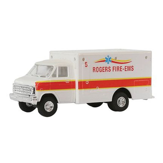 Trident Miniatures 90378 HO Scale Van-Cab Box-Body - Emergency - Private Ambulances -- Rogers Fire-EMS, Milwaukee (white, red)