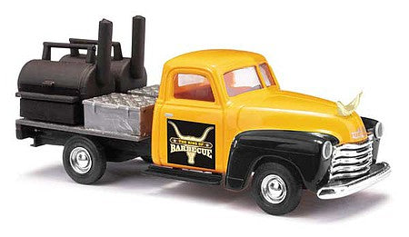 Busch 48239 HO Scale 1950 Chevy Pickup Truck with BBQ Flatbed - Assembled -- King of Barbecue (yellow, black)