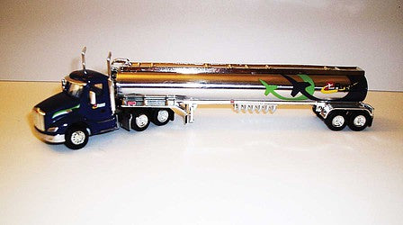 Trucks 'N Stuff TNS095 HO Scale Peterbilt 579 Day-Cab Tractor with Gas Tank Trailer - Assembled -- Flyers Transport (blue, green, black, yellow, chrome)