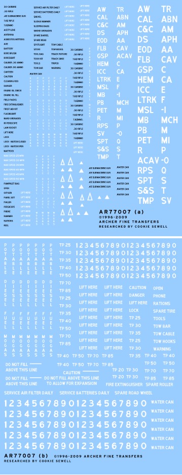 Archer Fine Transfers 77007 Waterslide Decal: 1/35 US Vehicle Exterior/Interior Stencils & Markings (2 Sheets)