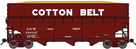 Bluford Shops 16113 N Scale Offset-Side 3-Bay Wood Chip Hopper, Flat Side Extensions 3-Pack - Ready to R -- Cotton Belt SSW (Boxcar Red, Large Lettering)
