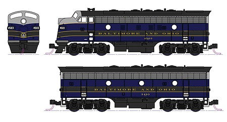 Kato 1060428 N Scale EMD F7 A-B Set - Standard DC -- Baltimore & Ohio 4503, 5493 (blue, black, gray)