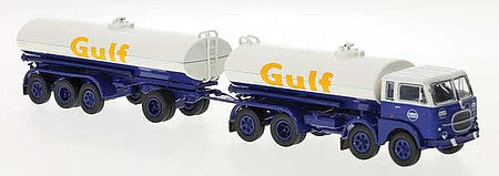 Brekina 58457 HO Scale 1960s Fiat 690 Millepiedi Tank Truck and Trailer - Assembled -- Gulf (blue, white, orange)