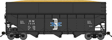 Bluford Shops 16092 N Scale Offset-Side 3-Bay Wood Chip Hopper, Flat-Side Extensions pkg(2) - Ready-to-Run -- Boston & Maine (Scheme 2; black, blue, white; McGinnis)