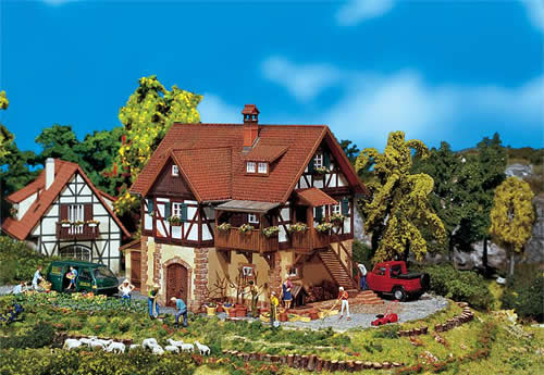 Faller 130266 HO Scale Half-Timbered House, Rural Architectural Style - Painted/Weathered Model -- 6-1/2 x 4 x 4-11/16" 16.6 x 10.3 x 11.9cm