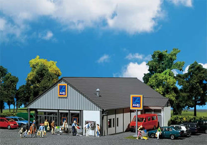 Faller 130339 HO Scale Aldi Supermarket South/North -- 10-1/2 x 7-3/16 x 3-3/8" 26.6 x 18.4 x 8.6cm