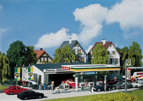 Faller 130345 HO Scale Gas Station w/Service Bay -- 6-1/4 x 3-5/8" 15.8 x 9.6cm