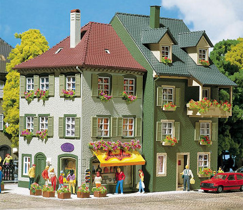 Faller 130414 HO Scale Two Flats w/Lower Shops -- 3-5/16 x 2-1/2" 8.4 x 6.4cm, 3-1/2 x 3" 9.1 x 7.5cm