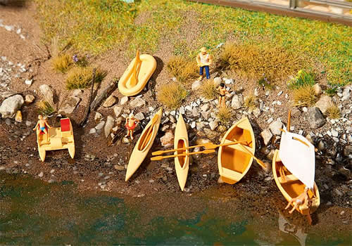 Faller 130513 HO Scale Boats - Kit (Plastic) -- 1 Each Rowboat, Sailboat & 2 Each: Rubber Dinghies, Pedal Boats & Canoes