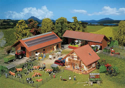 Faller 130520 HO Scale Breeding Farm - Kit -- Painted & Weathered Era V