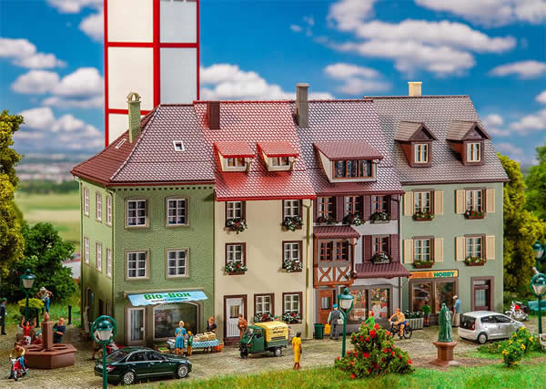 Faller 130708 HO Scale 3 Small Town Houses -- Kit - Corner and 2 Mid-Block Houses