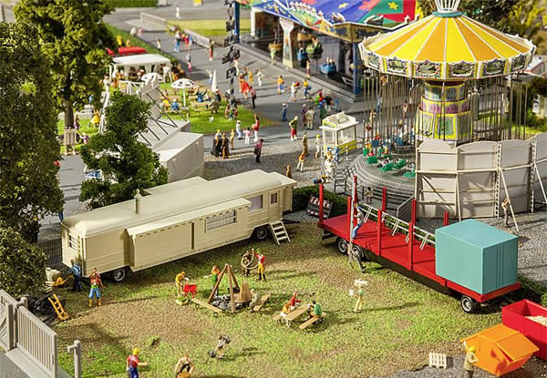 Faller 140480 HO Scale Funfair/Circus/Carnival Trailers -- Set #1: 1 Each: Office & Flatbed w/Stakes