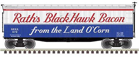 Atlas 20005836 HO Scale 40' Wood Reefer - Ready to Run - Master(R) -- Rath's Black Hawk Bacon 472 (red, white, blue, black)