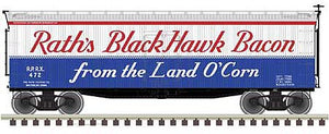 Atlas 20005836 HO Scale 40' Wood Reefer - Ready to Run - Master(R) -- Rath's Black Hawk Bacon 472 (red, white, blue, black)