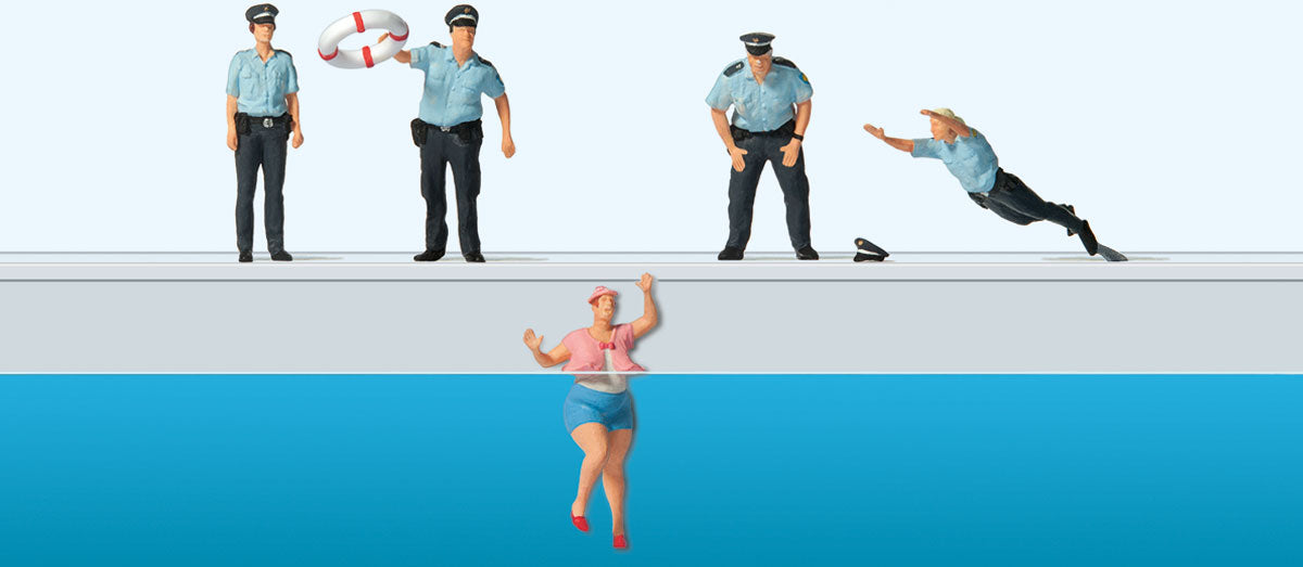 Preiser 10744 HO Scale Water Rescue -- 4 Policemen and Woman