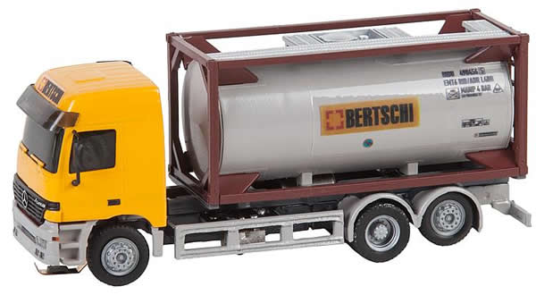 Faller 161483 HO Scale 2002 Mercedes-Benz Actros L Truck with 20' Tank Container Load - Car System -- Yellow with Gray and Maroon Container
