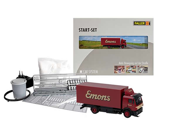 Faller 161487 HO Scale Operating Truck Starter Set - Car System -- Mercedes-Benz SK Box Truck - Emons, Road Building Materials, Battery Charger