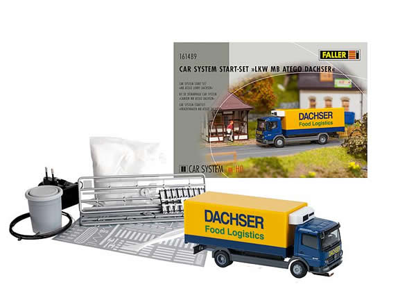 Faller 161489 HO Scale Operating Truck Starter Set - Car System -- Mercedes-Benz Atego Box Truck - Dachser, Road Materials, Battery Charger