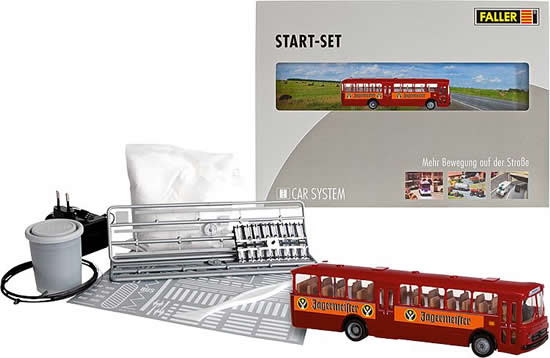 Faller 161498 HO Scale Operating Bus Starter Set - Car System -- With Mercedes-Benz O317k Bus (Jagermeister, red, orange)
