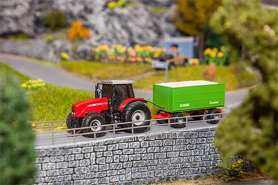 Faller 161588 HO Scale Massey-Ferguson Tractor w/Wood Chip Trailer - Car System -- Red w/Green Trailer