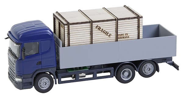 Faller 161597 HO Scale Scania R 13 HL Low-Side Truck w/Wooden Crate Load - Car System -- Blue, Gray