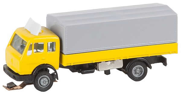 Faller 162052 N Scale 1989-1998 Mercedes-Benz SK Low-Side Truck with Canvas Tarp - Car System -- Yellow, Gray