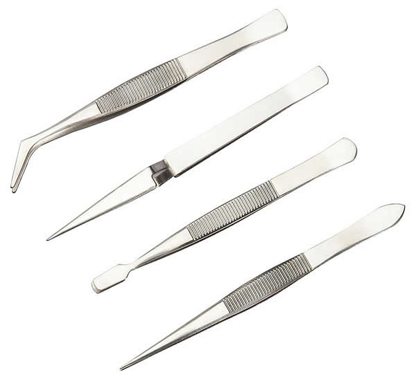 Faller 170526 All Scale Stainless Steel Tweezer Set -- One Each: Pointed, Cross Lock, Flat, Angled