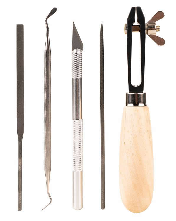 Faller 170536 All Scale 3D Printing Retouching Set -- Hand Vice, Hobby Knife, Blunt Modelign Spatula, Round File, Flat File