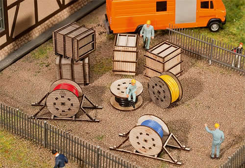 Faller 180617 HO Scale Wood Crates & Cable Reels - Kit (Laser-Cut Wood) -- 4 Crates, 4 Reels, 2 Reels w/Support/Transport Bracing