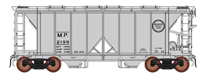 Intermountain Railway 48688 HO Scale 1960 Cubic Foot 2-Bay Covered Hopper, Closed Sides - Ready to Run -- Missouri Pacific (gray, Small Buzz Saw Logo)
