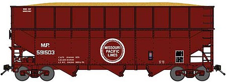 Bluford Shops 17132 N Scale Offset-Side 3-Bay Wood Chip Hopper, Ribbed-Side Extensions 2-Pack - Ready t -- Missouri Pacific (Post-1974, Boxcar Red, Large Buzz Saw Logo)