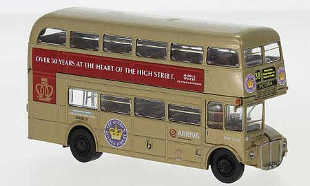 Brekina 61106 HO Scale AEC Routemaster Double-Deck Bus - Assembled -- London, England (Queen Elizabeth Golden Jubilee, gold, red Marks & Spencer A