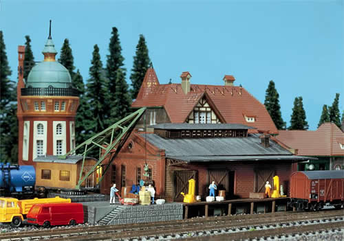 Faller 222180 N Scale Freight Depot w/Crane - Weathered Model -- 6-1/2 x 4 x 2-5.8" 16.2 x 9.8 x 6.5cm