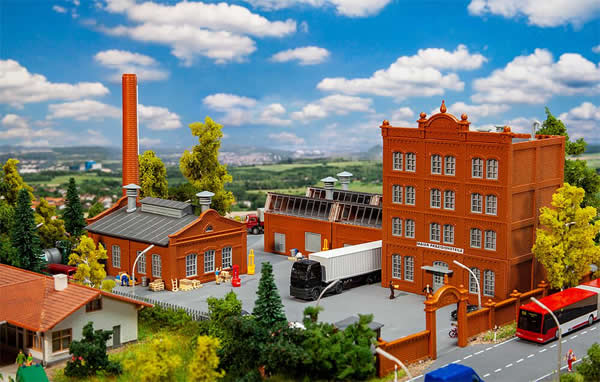 Faller 231707 N Scale Factory Complex -- Kit - Office, Boiler House, 2 Factory Buildings and Wall