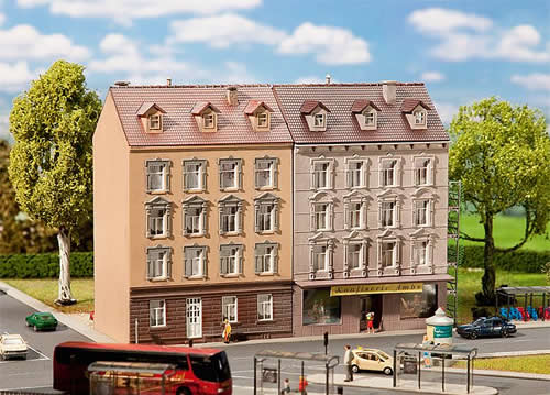 Faller 232311 N Scale 2 Townhouses (1 w/Business on 1st Floor) - Kit (Plastic) -- Weathered Structures Measure: 3-1/4 x 3-1/16 x 4-15/16" 8.2 x 7.8 x 12.5cm